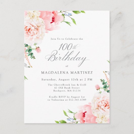 100ste Verjaardag Feest Vrouwelijke Roze Bloemen Uitnodiging Briefkaart (Voorkant)