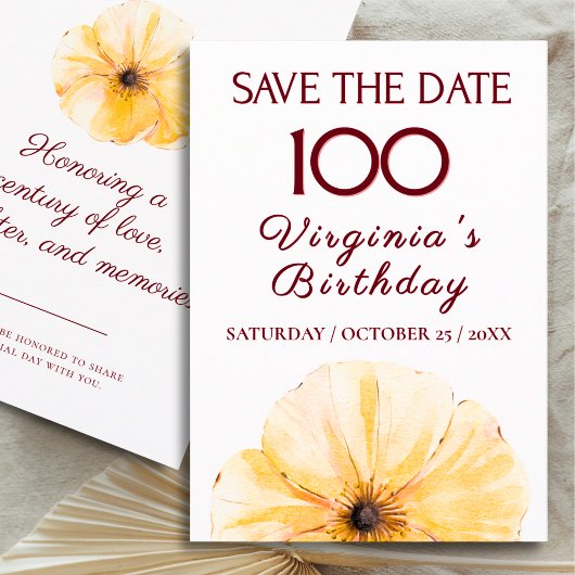 100ste verjaardag Gele bloem, moderne Save the Dat