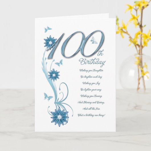 100ste verjaardag in blauwgroen met bloemen en bot kaart (Gele Bloem)
