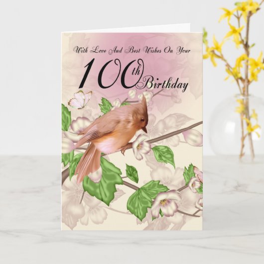 100ste verjaardag Kaart met vogel en bloesem (Gele Bloem)