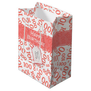 100ste verjaardag Koraal/Wit Willekeurig nummerpat Medium Cadeauzakje