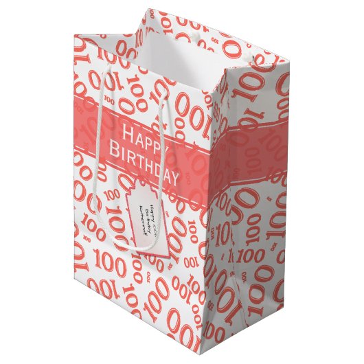100ste verjaardag Koraal/Wit Willekeurig nummerpat Medium Cadeauzakje (Voorkant Gekanteld)