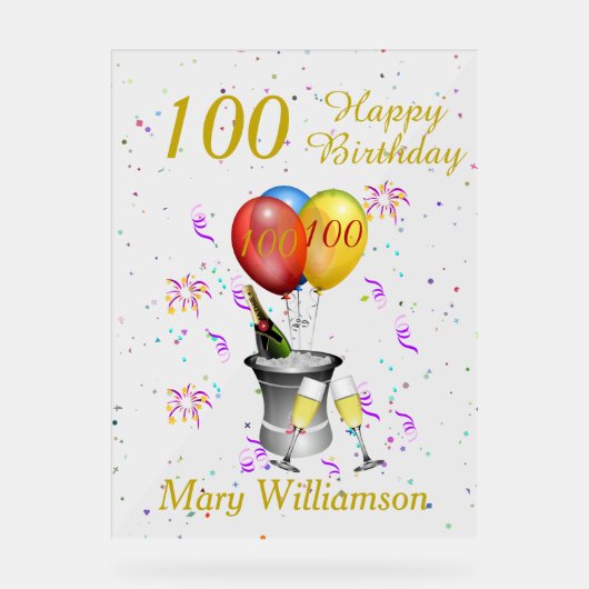 100ste verjaardag Mousserende wijn Acryl Bord (Voorkant)