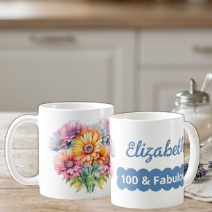 100ste verjaardag naam gerbera bloemen blauw koffiemok
