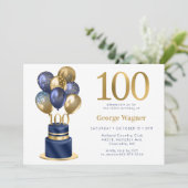 100ste verjaardag Navy Blauwe Ballon Cake Kaart (Staand voorkant)