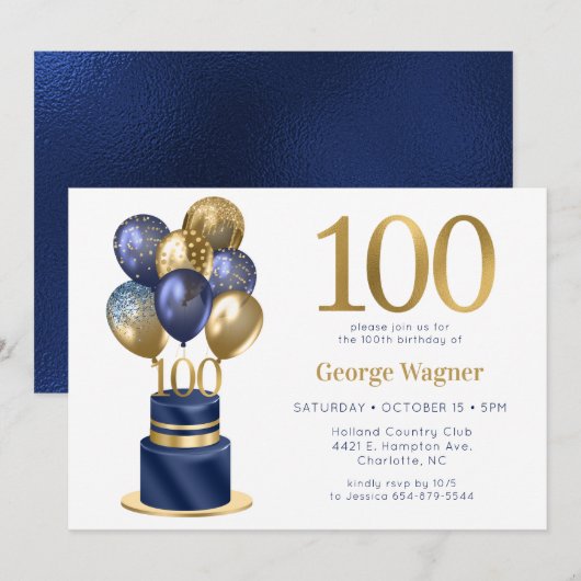 100ste verjaardag Navy Blauwe Ballon Cake Kaart (Voorkant / Achterkant)
