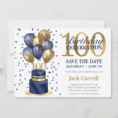 100ste verjaardag Navy Blauwe Ballon Cake Save The Date (Voorkant)