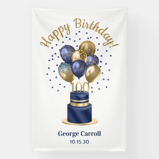 100ste verjaardag Navy Blauwe Ballon Cake Spandoek (Verticaal)