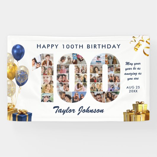 100ste verjaardag Nummer 100 Fotocollage Wit Goud Spandoek (Horizontaal)