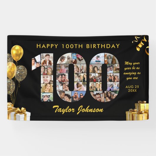 100ste verjaardag Nummer 100 Fotocollage Zwart Gou Spandoek (Horizontaal)