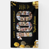 100ste verjaardag Nummer 100 Fotocollage Zwart Gou Spandoek (Verticaal)