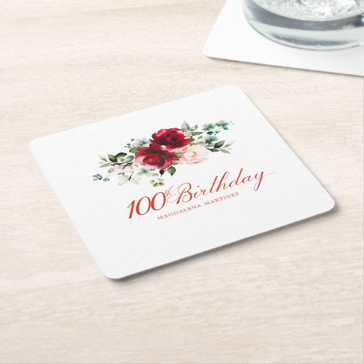 100ste Verjaardag Party Rood Roze Bloemen Custom Kartonnen Onderzetters (Schuin)
