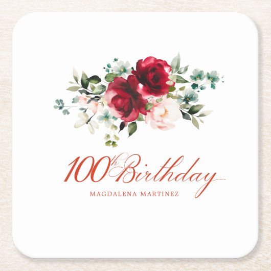 100ste Verjaardag Party Rood Roze Bloemen Custom Kartonnen Onderzetters (Voorkant)