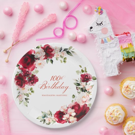 100ste Verjaardag Party Rood Roze Bloemen Custom Papieren Bordje (Feest)