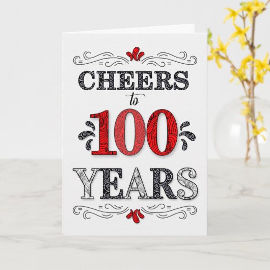 100ste verjaardag Proost in rood wit zwart patroon Kaart (Gele Bloem)