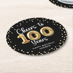 100ste verjaardag Proost op 100 jaar Zwarte Goud Ronde Kartonnen Onderzetter