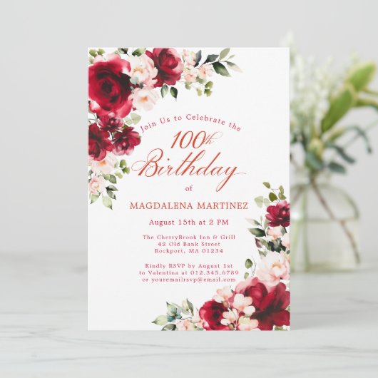 100ste verjaardag Red Rose Pink Peony Bloemen Kaart (Staand voorkant)