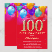 100ste verjaardag Rood en Goud Kleurrijke Ballonne Kaart (Voorkant / Achterkant)