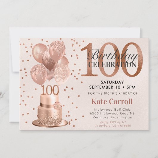 100ste verjaardag Roze Goud Cake Kaart (Voorkant)