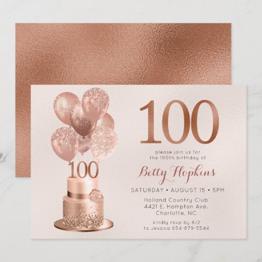 100ste verjaardag Roze Goud Cake Kaart (Voorkant / Achterkant)