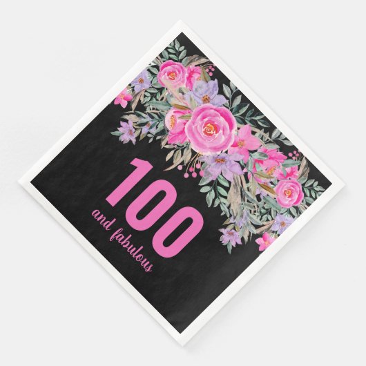 100ste verjaardag roze zwart bloemenfeestje servet (Hoek)