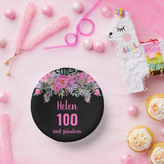 100ste verjaardag roze zwart waterverf bloemenkleu papieren kommen (Feest)