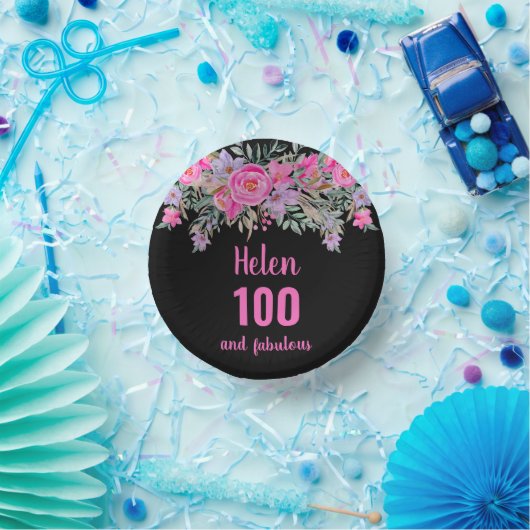 100ste verjaardag roze zwart waterverf bloemenkleu papieren kommen (Feest)