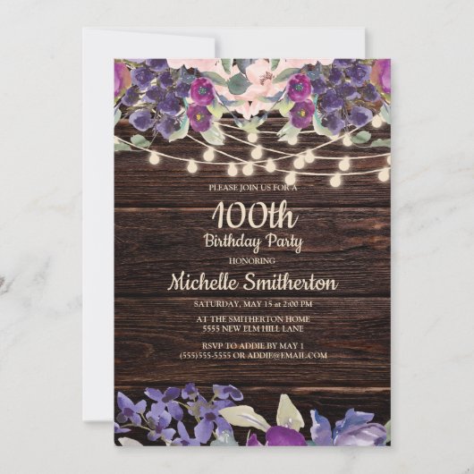 100ste verjaardag Rustieke slinger paarse bloemen Kaart (Voorkant)