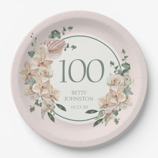 100ste verjaardag Tropische bloemen Papieren Bordje (Voorkant)
