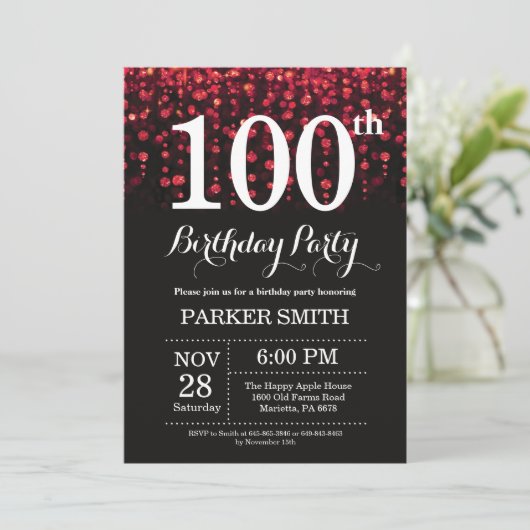 100ste verjaardag uitnodiging Red Glitter (Staand voorkant)