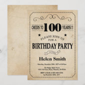 100ste Verjaardag Uitnodiging Rustieke  Retro (Voorkant / Achterkant)