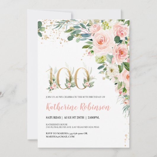 100ste verjaardag uitnodiging voor haar volwassen  (Voorkant)
