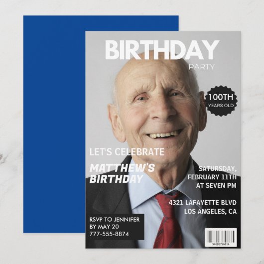 100ste verjaardag Uitnodigingen Mannen Hem Magazin (Voorkant / Achterkant)