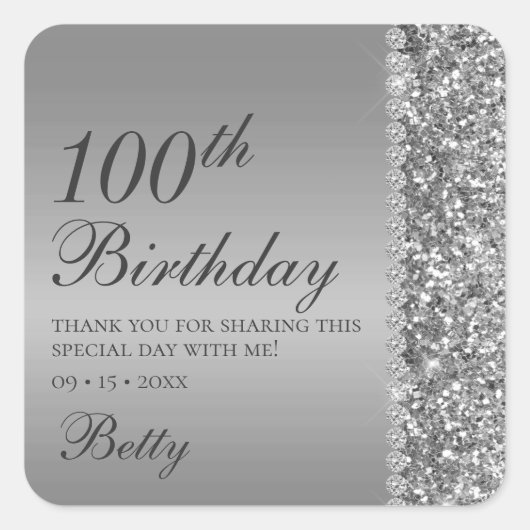 100ste verjaardag Zilver Vierkante Sticker (Voorkant)