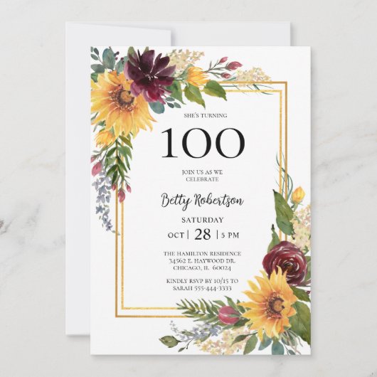 100ste verjaardag Zonnebloemen Kaart (Voorkant)