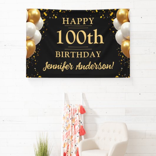 100ste verjaardag zwart en goud spandoek (Insitu)