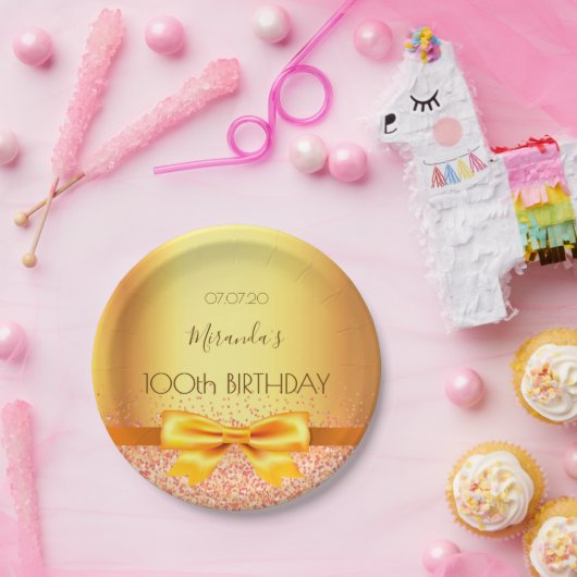100ste verjaardagsfeest goud elegante boog naam papieren bordje (Feest)