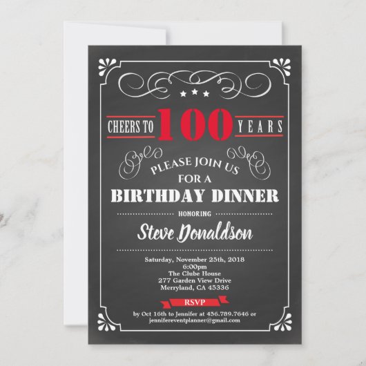 100ste verjaardagsfeest krijtbord retro rood zwart kaart (Voorkant)