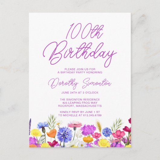 100ste verjaardagsfeest paarse wilde bloemen betaa uitnodiging briefkaart (Voorkant)
