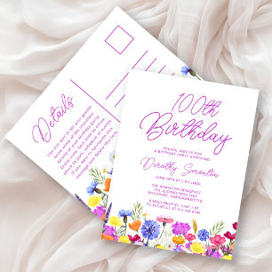 100ste Verjaardagsfeest Paarse Wilde Bloemen Betaa Uitnodiging Briefkaart