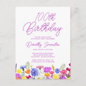 100ste verjaardagsfeest Paarse wilde bloemen Goedk Uitnodiging Briefkaart (Voorkant)
