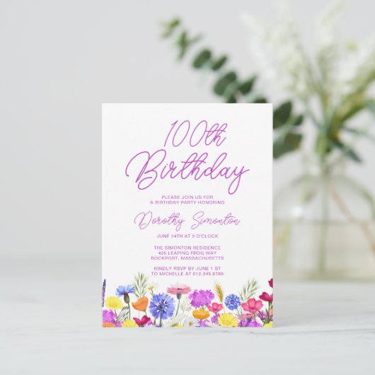 100ste verjaardagsfeest Paarse wilde bloemen Goedk Uitnodiging Briefkaart (Staand voorkant)
