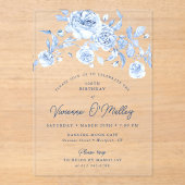 100ste verjaardagsfeestje Dusty Blue Floral Acryl Uitnodigingen (Voorkant)