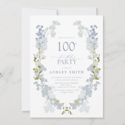 100ste verjaardagsfeestje Elegant Stoffig Blauw Bl Kaart (Voorkant)