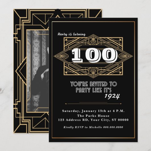 100ste verjaardagsfeestje, Grote Gatsby, Art Deco Kaart (Voorkant / Achterkant)