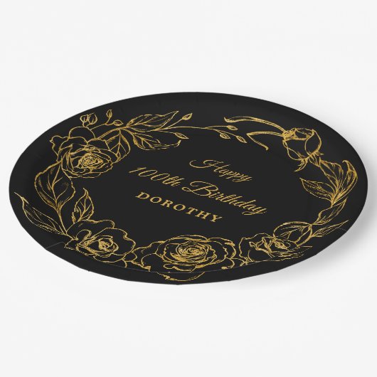 100ste verjaardagsfeestje Luxe Goud Roos Bloemen Z Papieren Bordje (Gekanteld)