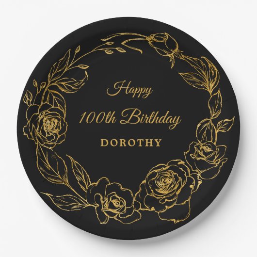 100ste verjaardagsfeestje Luxe Goud Roos Bloemen Z Papieren Bordje (Voorkant)