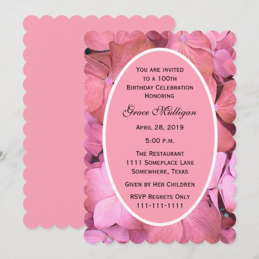 100ste verjaardagsfeestje roze gesteeld hortensia' kaart (Voorkant / Achterkant)