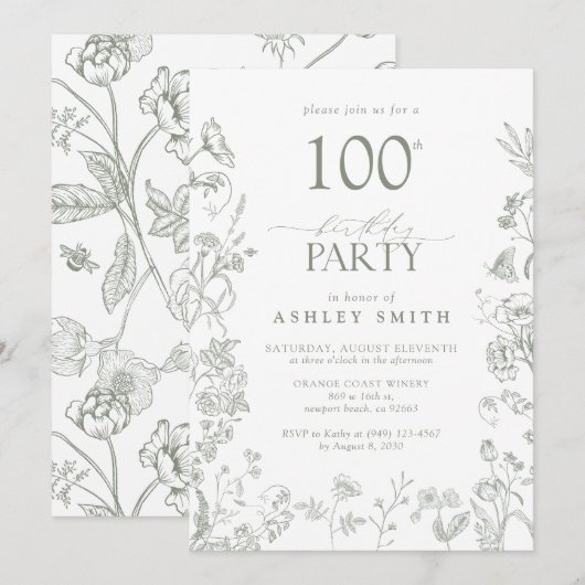 100ste verjaardagsfeestje Sage Groen Victoriaans B Kaart (Voorkant / Achterkant)