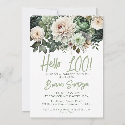 100ste verjaardagsfeestje Sage Groene Bloemen Kaart (Voorkant)
